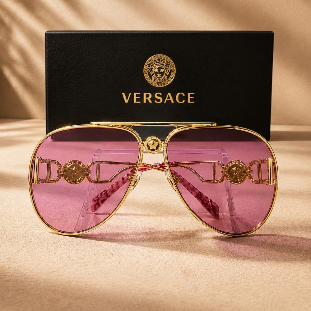 Versace VE2255 1002A4 Gold Pilot Aviator Sunglasses Pink Mirror Lenses